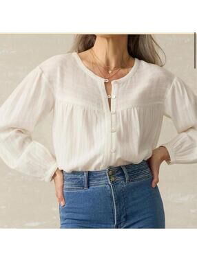 Faherty Lena Blouse Shirt 100% Organic Cotton Button Up Ivory Women’s Medium
